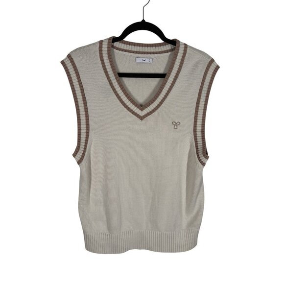 Tna Aritzia Women M Cream Brown Knit Preppy Academia V-Neck Marcy Sweater Vest - Picture 2 of 10